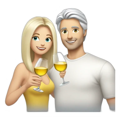 A white woman with brown eyes and blond medium long hair and a white man with blue eyes and grey hair, toasting with a glass of white wine sticker