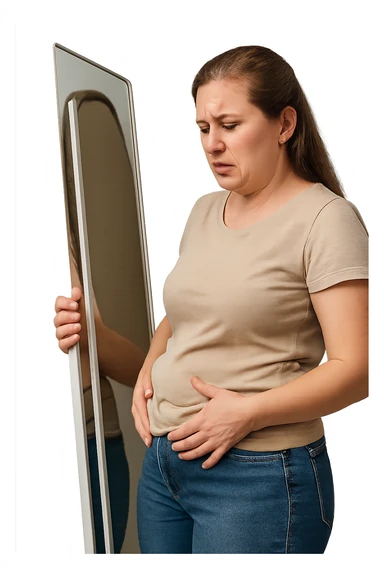 realistic woman isolated on transparent background, looking at mirror, complaining about her body weight, dissatisfied expression, 2:3 aspect ratio sticker