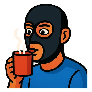 vibrant toon style man's face with a black full mask drinking coffee sticker
