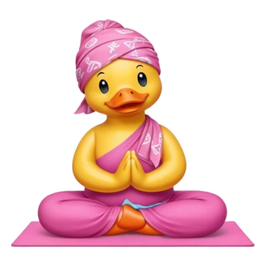 side view of yellow rubber duck with a pink bandana doing yoga while praying sticker