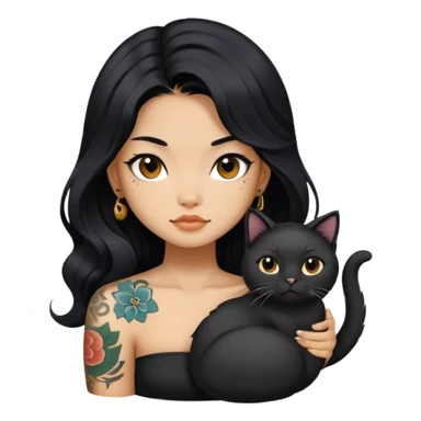 a Chinese girl with long black  Big Wave hair and tattoos and a black round faced cat sticker