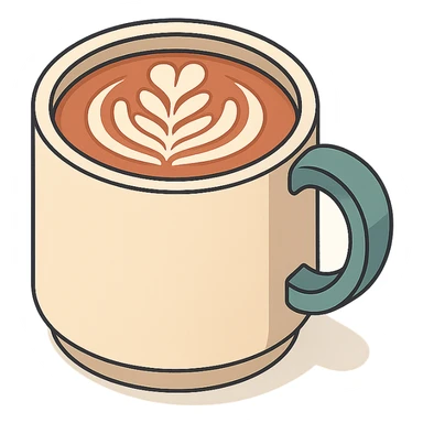 coffee mug with latte art, 2D isometric style, soft rounded shapes, clean contours, pastel palette, detailed shadows and highlights, modern illustration, transparent background sticker