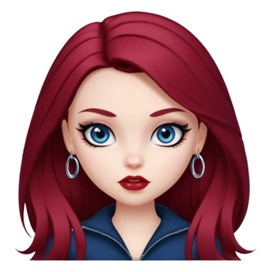 pale skin, girly bratz baddie, beautiful dark blue eyes, sharp black eyeliner, long dark red hair sticker