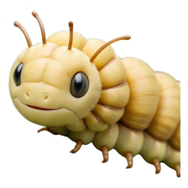 Beautiful and Majestic Caterpillar Portrait Emoji, Head and body rendered in serene repose with a gentle, content smile, showcasing a delicately segmented form with softly textured hues and eyes peacefully closed in tranquil slumber, Simplified yet exquisitely endearing features, highly detailed, glowing with a soft, drowsy natural light, high shine, relaxed and utterly noble, stylized with an air of graceful metamorphosis, soft glowing outline, capturing the essence of a beautiful and majestic caterpillar that embodies the quiet promise of transformation! sticker