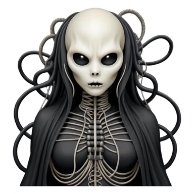 organic black wires merging into a monstrous creature, draped in black rags and bondage, Giger-esque sticker