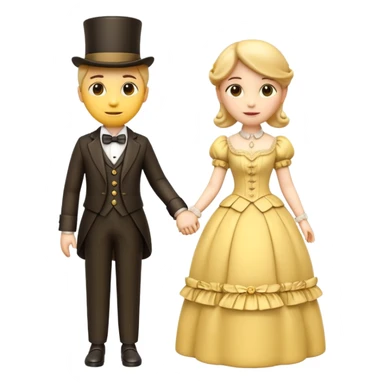 two 3d yellow emoji characters holding hands, dressed in elegant victorian attire, soft romantic expression, classic glossy 3d emoji render, white background sticker