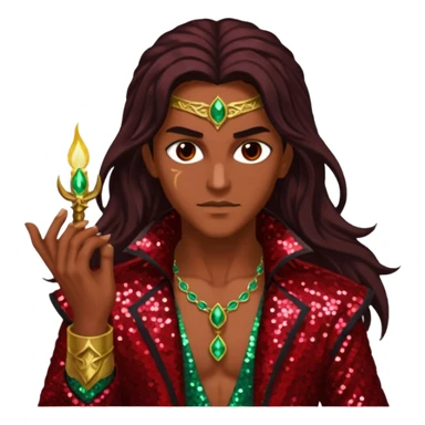 Samael, Poison of God from Gods and Goddesses with tan skin, long dark brown hair, dark red sequin outfit sticker