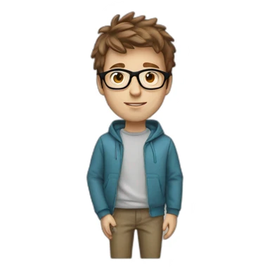 Profile white male heart face messy brown short tapered hair with clear plastic glasses and hoodie sticker