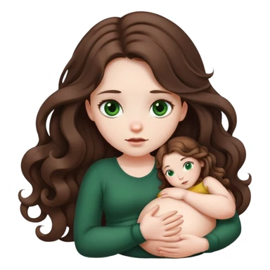 Girl with curled brown long length hair and very dark green eyes with belly ache sticker