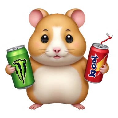 Funny cartoon-style fat hamster with big wide eyes  holding a can of monster energy in one hand and redbull in the other hand sticker