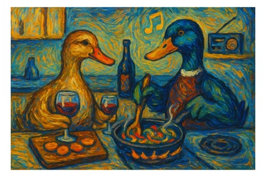 two ducks cooking dinner together in a kitchen, one female and one male, drinking wine and listening to music, in the style of Van Gogh, minimalistic, 4:3 aspect ratio sticker