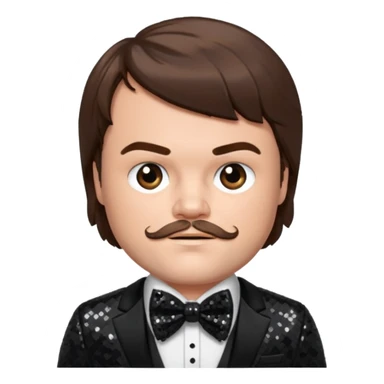 Jack Black with brown hair, black sequin suit with bow tie sticker