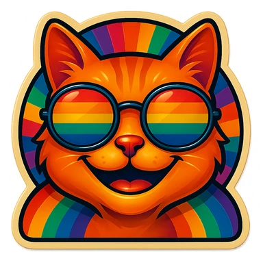 Make the cat smile, keep the same retro stickers aesthetic, rainbow sunglasses, and vibrant colorful background. sticker