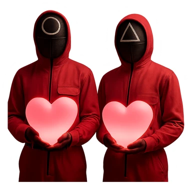 Edit the image of two masked guards from Squid Game series in pink jumpsuits, both holding large glowing pink hearts that emit soft light. Keep the original style with minimal background and dramatic lighting. Remove the background entirely. sticker