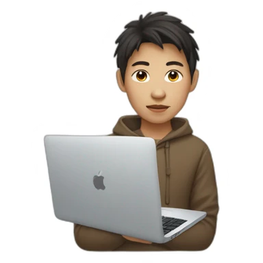 mongolian teenager(brown eyer) with macbook  sticker