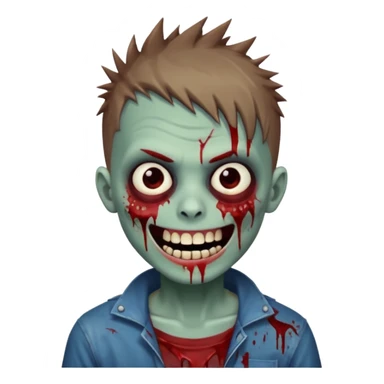 zombie boy with brown short spiky hair, white skin, and white eyes; an open smile, and bloodied teeth; sticker