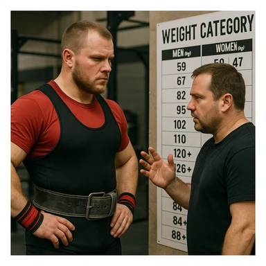 Powerlifter in competition clothing, discussing with a coach in front of a weight category chart, both with serious expressions, important choice atmosphere, realistic details, gym background sticker