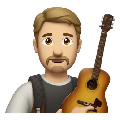 White man with brown mustache and brown little goatee with big brown straight hair and hunched over with a guitar sticker