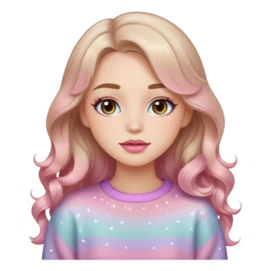 “Emoji girl, soft eyeliner, gradient rose lips, light brown shimmer eyeshadow, sparkly aegyo-sal, long wavy hair, cozy pastel sweater.” sticker