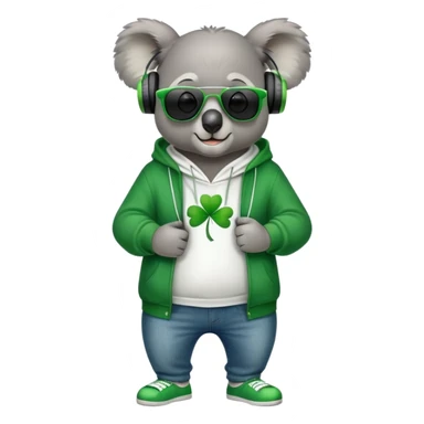 anthropomorphised koala, full body, wearing a hoodie and jeans, dark sunglasses, headphones, dressed for St. Patrick's Day, different pose sticker