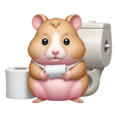 Cute chubby cartoon-style hamster sitting on toilet holding toilet paper looking as if he had an accident, sticker-style illustration sticker