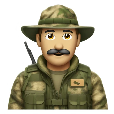 A man in camo hunting gear with mustache sticker