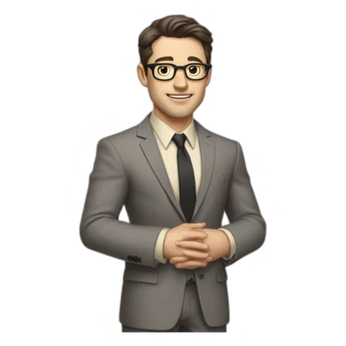 Full height Pale skinned Fit Man With dark brown hair in classic gray suit, beige office shirt, dark gray tie, and vintage glasses. Thrumbs of his palms directed up sticker