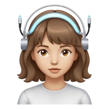 girl with light skin tone wavy brown hair and bangs wearing electrodes on her head  sticker
