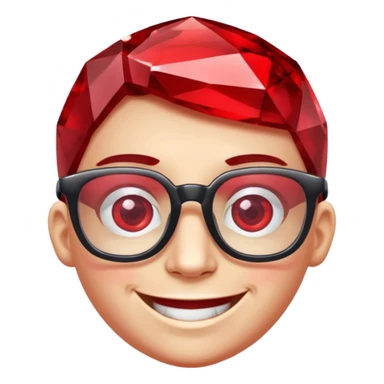 A single red crystal gemstone character wearing glasses, chunky and irregular with faceted very sharp sides, smile, , high detail, sticker
