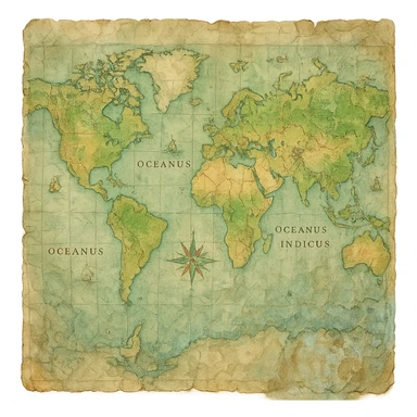 realistic crinkled and water damaged map, natural colors, soft, fairy-like atmosphere, no background, square size sticker