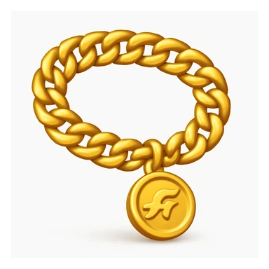 Create a gold chain emoji exactly like the reference image in iOS emoji style. Match the same shape, color, and texture, making it shiny and smooth with a medallion. Add a soft shadow to the emoji. sticker