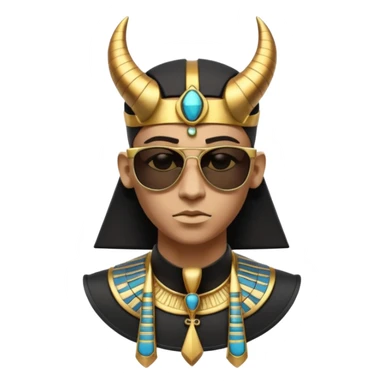3D cartoon horned character portrait, wearing sunglasses, gothic ancient Egyptian style, pharaoh collar, dark gold and black outfit, ankh symbols, Egyptian jewelry, mysterious expression, soft dramatic lighting, centered, clean background, no text, no watermark sticker