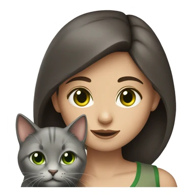 a brunette girl with green eyes and a gray cat sticker