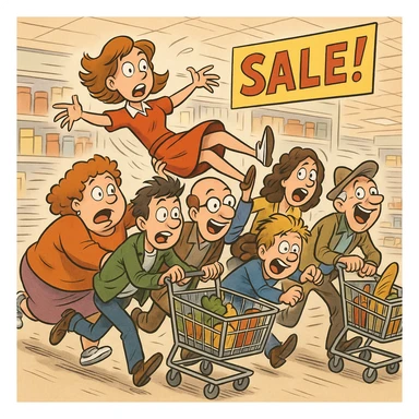 a comical scene where a crowd of supermarket shoppers runs from left to right, carrying off the salesgirl in a chaotic and exaggerated manner sticker