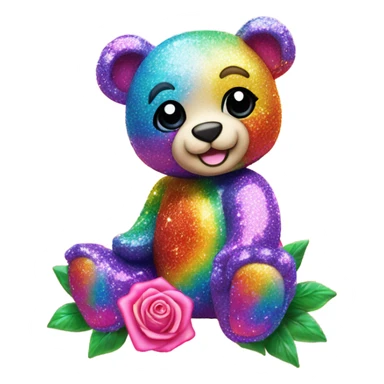 Lisa frank glitter bear with rainbow roses sticker
