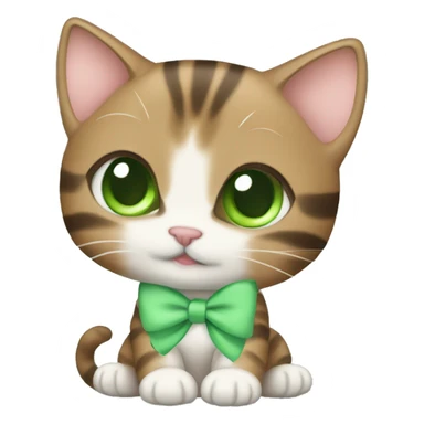 kawaii brown tabby kitten with green eyes and pastel green bow sticker
