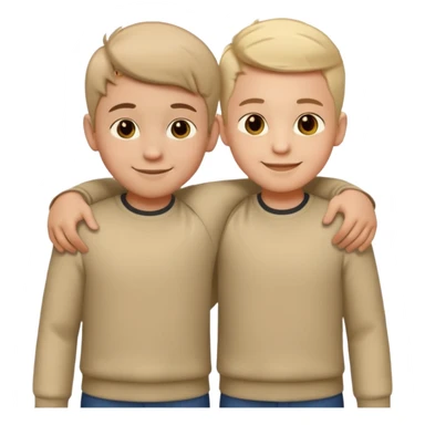 Two cartoon-style 2 boys with similar features, arms around each other's shoulders, smiling, matching outfits, standing close, white background, emoji style sticker