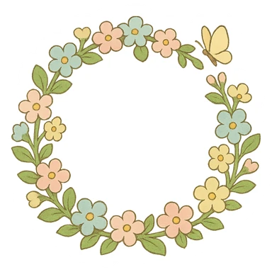 a floral wreath made of small pastel flowers with a tiny butterfly, Japanese hand-drawn, full object, transparent background sticker