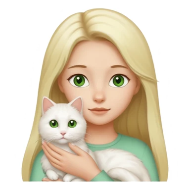 A cartoon-style digital illustration of a fair-skinned young woman with long blonde hair and brown eyes gently holding a fluffy white cat with green eyes against a white background. sticker
