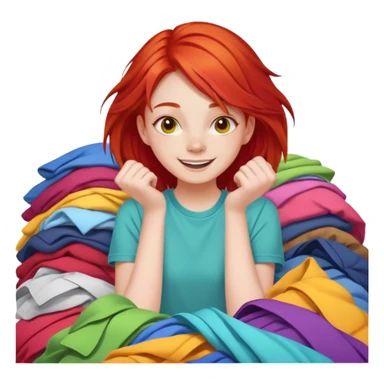 cheerful teen girl with red hair and pile of clothes sticker
