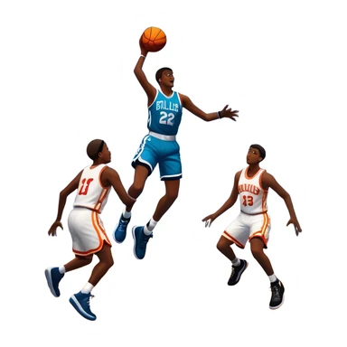 An icon featuring a basketball court with players in action, inspired by NBA 2K25. A player jumps for a dunk, with the ball mid-air. Bright lights illuminate the court, symbolizing the excitement of sports simulation games. Transparent background emphasizes the energy. sticker