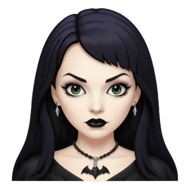 vampira mulher branca com cabelo preto longo com franja acima da sobrancelha e lábios com batom preto com colar preto e pingente de morcego preto sticker