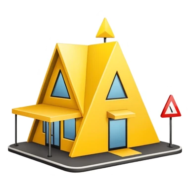 restaurant building with yellow warning triangle sign, caution sticker