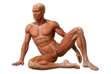 CORPO UMANO ANATOMICO REALISTICO CHE SVOLGE UN ESERCIZIO DI MOBILITà ALLE ANCHE, iperrealistico 4k sticker