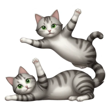 grey and white cat with green eyes doing a big extremely long stretch reaching up into the air with arms and legs side by side together straight and overextended whilst lying on its side sticker