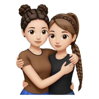 Hug two white skin women, one shorter woman with medium brown simple top ponytail, not braided, and one taller woman with a single long black side braid sticker