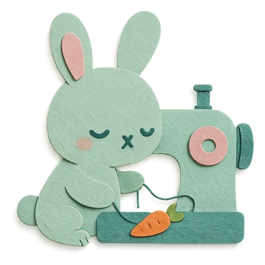 chibi sewing machine-rabbit hybrid, fluffy, stitching a tiny carrot pattern, soft mint pastel, full-body sticker