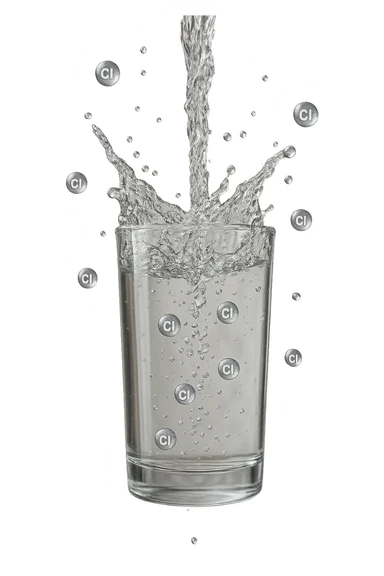 un bicchiere di acqua cade verticalmente dall'alto realistico e dettagliato, dentro l'acqua del bicchiere ci sono particelle di cloro ben visibili con la scritta "Cl" sopra, ci sono particelle anche che escono dal bicchiere e fluttuano in aria verticalmente, mentre alcune sono all'interno dell'acqua nel bicchiere, iperrealistico 4k sticker