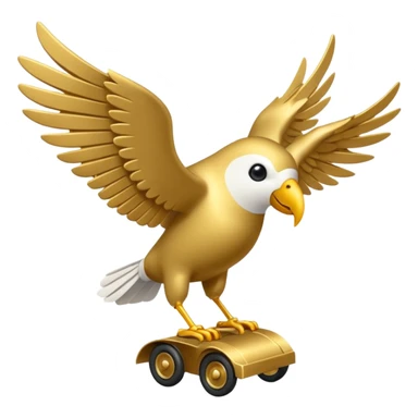 Un petit oiseau mécanique doré avec des ailes délicates et des rouages visibles. Il porte des parchemins enroulés attachés à ses pattes fines, survolant une ville en contrebas. sticker