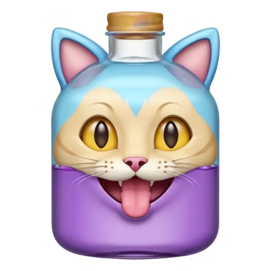 Smiling bottle of oil light purple top and light blue sticking tongue out and with cat ears sticker